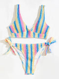 2026 New Sexy Bikini Women Rainbow Stripe Pleated Swimwear Swimsuit Knotted Bikinis Set Bathing Suit Beach Bikini Female Push Up
