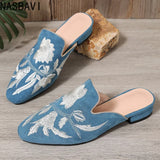 NASBAVI Fashion 3d Embroidery Mules Women Fur Slippers Velvet Shoes Ladies Low Heel Flower Decoration Sandals Women's Flip Flops
