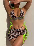 2026 Summer Leopard Print 3 Pieces Suit Swimwear Reversible Sexy Halter Lace-up Bikini Set Drawstring Skirt Cover Up Beachwear