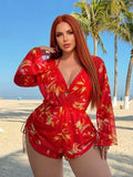 Red Floral Print Tankini Set 2026 Women Long Sleeve Drawstring Cover Up 3 Piece Swimsuit Beach Holiday Bathing Suit Swimwear 4XL
