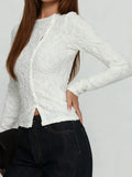 Women Long Sleeve Round Neck Spring Fall Lace Tops Slim Fit Solid Color Oblique Button Up T-shirts