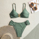 Sexy Pleate High Waist Bikini Set 2026 Women Orange Metal Buckle Push Up Two Piece Swimsuit Beach Bathing Suit Holiday Swimwear