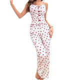 2 Pcs/Set Women Vest Pants Suit Homewear Sleepwear Outfit Bow Heart Print Sleeveless Shirring Edge Top Mesh Patchwork Trousers