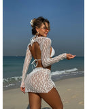 Toucheart Sexy Lingerie Suit for Women Mesh Four-piece Beach Swimsuit Sexy Bikini Solid Color Long Sleeves Mesh See-through Set