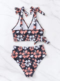 Sexy Black Floral Print Bikini Set 2026 Women V Neck Cross Push Up Bra High Waist Swimsuit Beach Bathing Suit Holiday Swimwear