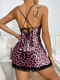 Women's Sleepwear Nighties Summer Sexy Leopard Printed Lace Trim Nightdress V Neck Backless Side Split Slip Pajamas
