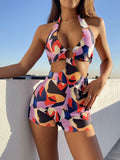 2 Colors Sexy One Piece Swimsuit Swimwear Women Black Leopard Colorful Print High Waist Halter Bathing Suit Beachwear Metal Hoop