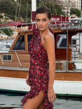 Ahagaga Floral Printed Sexy Women Chiffon Dresses Fashion One Shoulder Sleeveless Regular Casual High Split Slim Sheath Vestidos