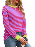 Autumn Winter Long Sleeve Basic T-Shirts Women Stripe Print Round Neck Casual Loose Fit Tunic Tops Streetwear