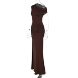 FDYOUI Woman Clothes Diagonal Collar Ruched Brown Long Dresses 2026 Summer Lady Chic One Shoulder Sleeveless Tunics Party Dress