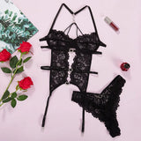 Garter Belt Lingerie Set Lace Bodysuit Deep V Bra Thong Sets With Stockings Sexy Underwear  3 Pcs Bras Panties BodyStockings