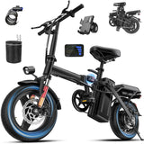 Adult and adolescent folding electric bicycles, 14 inch 500W 24MPH 48V 10Ah battery, 3-level pedal assist, 14 inch foldable mini