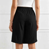 Women's Textured Wrap Skirt Shorts Solid Color Elastic Waist Midi Skort With Pocket Casual Loose Fit Layered A Line Summer Short