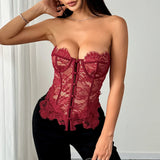 Y2K Street Tank Top Women Summer Lace Front Embroidery Floral Buttom Push Up Underwire Strapless Bandage Fishbone Vest