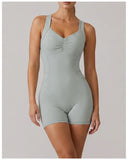 Cross Exposed Back Shaping Nude Yoga Jumpsuit Women Summer Sleeveless Pleate Slim Hip Lifting Short Sport Fitness One Piece Suit