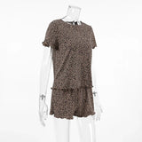 Women Leopard Print Pleated Pajama Set Ruffle Short Sleeve Crop Top Elastic High Waist Shorts Soft Casual Loungewear Sleepwear