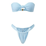 Women Summer 2-Piece Swimsuits Knot Front Strapless Bikini Bra and Elastic Bottoms Sets for Beachwear Bathing Suit