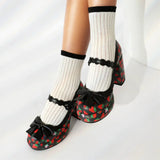 Big Size 43 High Quality Women's y2k Block High Heels Sweet Strawberry Print Mary Jane Pumps Black Pink Platform Lolita Shoes