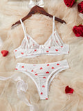 White Heart Print Lace Trim Underwear Set Women's Lingerie Bra And Panty Set For Valentine's Day