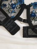BlackBlue Embroidered Floral Lingerie Set - Sexy Bra And G-string Combo with Heart Decoration Underwear Set for Women ZA824027
