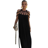 Summer Sleeveless Party Dress, Women Loungewear O-Neck Hollow Out Party Dress, Solid Color Patchwork Beach Style Ladies Dress