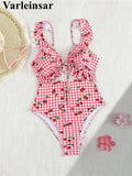 S - XL Cherry Printed Plaid Cut Out One Piece Swimsuit Women Swimwear Female Frilled High Leg Cut Bather Bathing Suit Swim V7557