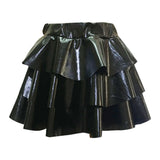 Women's Gold Metallic Tiered Mini Skirt Elastic High Waist Shiny Pu Ruffle Hem Party Skirts Dance Performance Festival Outfits
