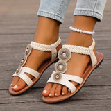 Summer Gold Crystals Flat Sandals for Women Plus Size 43 Slip On Gladiator Sandals Woman Weave Strap Soft Sole Bohemia Sandles