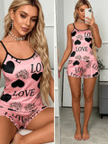 Women's Pink Heart LOVE Print 2 Piece Pajama Set, Spaghetti Strap Cami Top and Ruffle Hem Shorts, Summer Loungewear