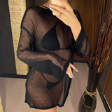 Sexy Long Sleeve See Through Top  Mesh Sheer Tunic Beach Cover Up Cover-ups Beach Dress Beach Wear Beachwear Female Women V3557