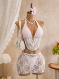 Sexy Black Mesh Shorts 3 Piece Bikinis Sets  2026 Women Pearls Push Up Tassel Bra Swimsuit Beach Holiday Bathing Suit Swimwear