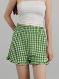 Women's Plaid Shorts Casual Loose Fitting Elastic Waist Shirred Ruffled Trim Short Pants Lounge Shorts