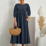 Womens Casual Summer Cotton Dress With Pockets 3/4 Sleeve Loose Midi Shirt Dress Women Dresses With Short Sleeves Vestidos