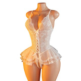 New Crotchless Sexy Lingerie Women Lace Bodysuit Erotic Costumes Teddy Baby Dolls Dress Deep V Open Crotch Porn Underwear Set