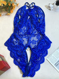 Sexy Lace Bodysuit Women Deep V Halter Teddy Lingerie Open Back Backless One Piece Sleepwear Transparent Floral Mesh Nightwear