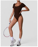 Summer Women's Cross Hollow Back Yoga Jumpsuit Short Sleeved Slimming Sports Overalls High Stretch Push Up Fitness Bodysuit