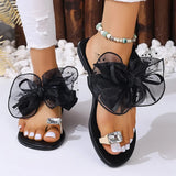 Fashion Mesh Bowknot Flat Heel Sandals Women Rhinestone Decor Clip Toe Beach Slippers Woman Plus Size 42 Backless Sandals Female