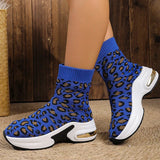 Fashion Leopard Print Platform Ankle Boots Women Comfy Slip On Breathable Knitted Boots Woman Plus Size 35-43 Wedges Short Boots