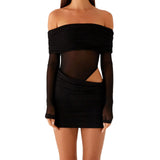 Women Mini Off Shoulder Slim Ruched Solid Color Party Club Dresses Cut Out Long Sleeve Backless Short Mesh Bodycon Dress