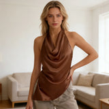 Women’s Solid Color Satin Cowl Neck Halter Tops Summer Fashionable Backless Slim Fit Going Out Vest