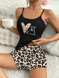 Summer Sleepwear Women 2Pcs Leopard Print Pajamas Set Heart Theme Camisole Tops and Shorts Set Comfortable Loungewear