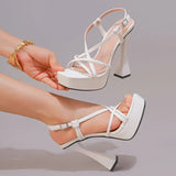 2027 New Arrival Weave Narrow Band Back Buckle Strap Women Platform Sandals Strange High Heels  Party Dress Shoes Size 42
