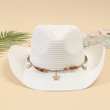 Women Men Straw Cowgirl Hat Starfish Shell Decor Western Panama Jazz Hat Summer Sun Hat for Travel Beach