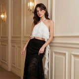 Women Summer Crop Tank Tops Solid Color Tie-Up Halter Neck Ruffles Casual Vests Backless Sleeveless Crop Tops Streetwear