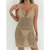 Crochet Knitted Hollow Out Halter Mini Dress Tunic Beach Cover Up Cover-ups Beach Dress Beach Wear Beachwear Female Women V8210
