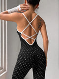 Sexy Black Polka Dot Print Patchwork Yoga Jumpsuit Women Sleeveless Hollow Out Backless Cross Fitness Sports One Piece Suits