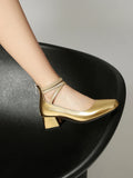 Metallic Silver Gold Women Mary Jane Pumps Square Toe Block Heel Crisscross Ankle Strap Back Zipper Elegant Party Dress Heels