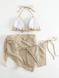 DEKA Triangle Spliced Ruffles Bikini Set Bathing Suit Women Halter Bikini Push Up Bandage Cover Up Beachwear 3 Piece Swimsut