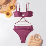 V Neck Wrinkled Stain Bikinis Female Swimsuit High Waist Bikini Women Swimwear Two-pieces Bikini Set Bather Bathing Suit Swim