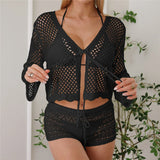 V Neck Long Sleeve Hollow Out Crochet Knitted Tunic Beach Dress Beach Wear Beachwear Beach Cover Up Cover-upsFemale Women V7192